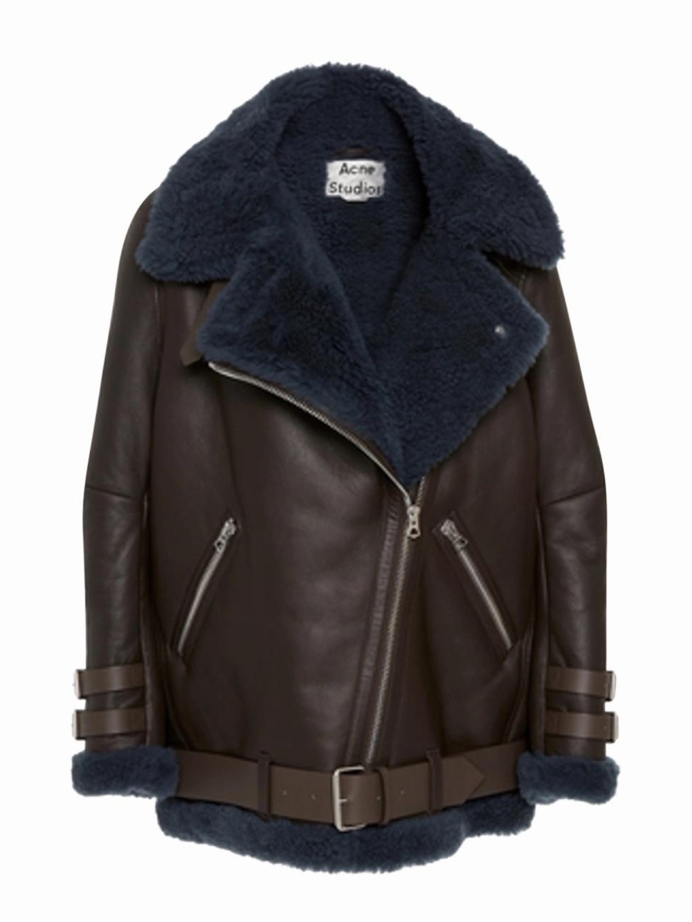 Acne Studios Dark Brown Leather Biker Jacket with Navy Shearling Trim